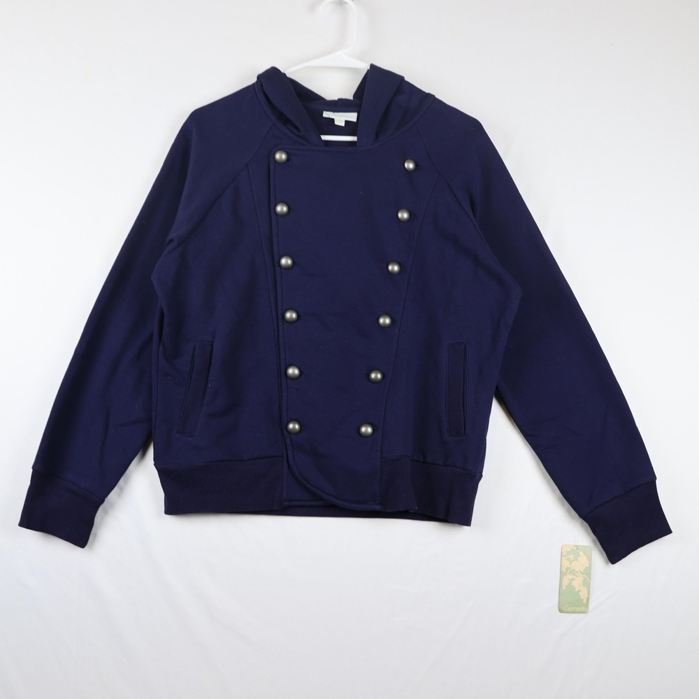 Currants Jacket Womens Large Navy Blue Button Hoodie Military Style Casual NWT‎